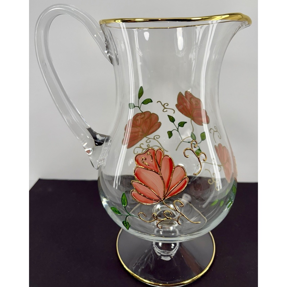 Bohemia‎ Crystal Pitcher Hand Painted Roses 24K Gold Trim 82oz Pedestal